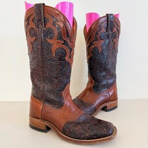 BOULET Hand Tooled Chestnut Brown Square Toe Western Boots Women’s Size 7C